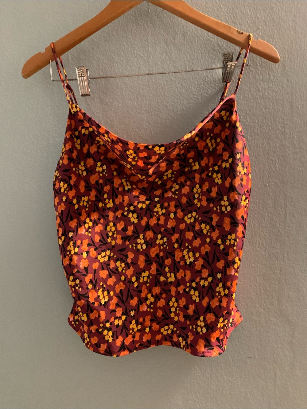 Zara Floral Cowl Neck Spaghetti Strap Camisole in Burgundy, Orange and Yellow